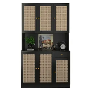 Huche moderne en rotin noir, Buffet autoportants, armoires de cuisine, garde-manger, armoire de rangement avec 6 portes