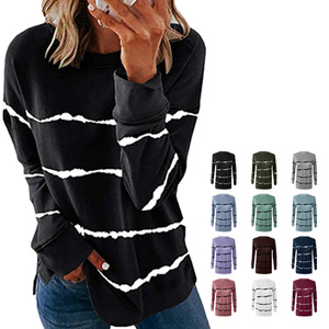 Wholesale Autumn 15 Colors Women's Striped French Terry <b>Long</b> <b>Sleeve</b> <b>T</b>-<b>shirt</b> 230g Polyester Women <b>Long</b> <b>Sleeve</b> Hoodies - Product Image 1