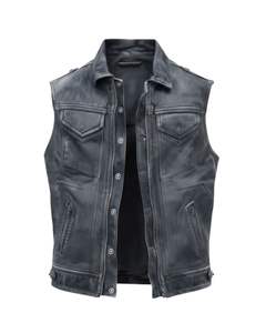 Men Dark Grey Leather <b>Vest</b> Button Up Closure <b>Black</b> Lining and Multiple Pockets - Product Image 1