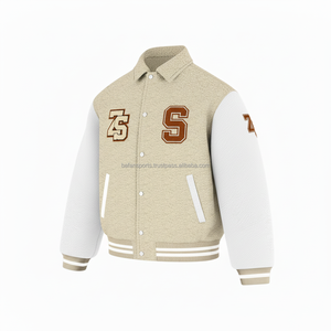 Chaqueta universitaria de mezcla de lana Premium 360 GSM, cuerpo Beige, mangas blancas, bordado de chenilla, chaqueta universitaria con logotipo personalizado para hombre - Product Image 3
