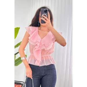 Blouse rose en gros avec taille élastiquée à volants - Rose - Product Image 4