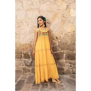 Womens Black Embroidered <b>Maxi</b> <b>Dress</b> Mexican Folk Floral Embroidery Halter Neck Summer <b>Dress</b> - Product Image 3