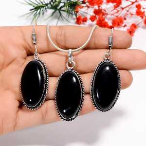Natural <b>Black</b> <b>Onyx</b> Gemstone 925 Silver Handmade Designer Customized <b>Earring</b> Pendant Fine Jewelry Set For Women Wholesale - Product Image 5