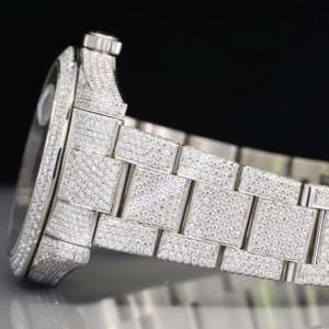 Montre mécanique de luxe en acier inoxydable de haute qualité, hip-hop, entièrement sertie de diamants, bracelet en cuir unisexe, mouvement ETA, 42 mm - Product Image 4