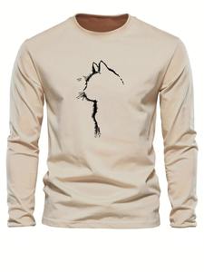 เสื้อยืดคอกลมแขนยาวสำหรับผู้ชาย, เสื้อกีฬาผ้าฝ้าย100% ใส่สบายพิมพ์ลายแมวพร้อมโลโก้ด้านหน้า - Product Image 5