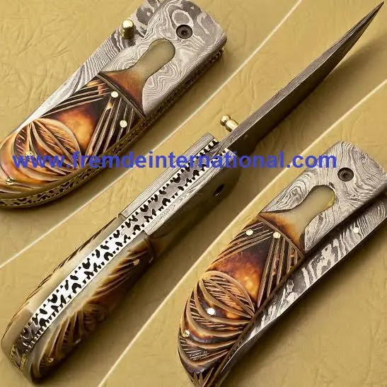 Damascus Steel Folding Knife & Brass bolster High Quality Hand Made Folding Knife