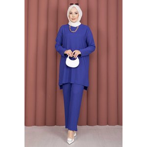 Conjunto de Dos Piezas Azul Marino de Tela Acanalada con Abertura Lateral, Pantalones Tipo Túnica, Cuello con Capucha, Corte Acampanado, Uso Diario, Holgado, Corto, para Invierno/Verano - Product Image 3