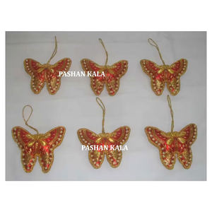 Unique Red Fabric <b>Butterfly</b> Shape Design On Golden Zari Embroidery With Beaded Work Hanging Christmas Tree Decorative <b>Ornaments</b> - Product Image 1