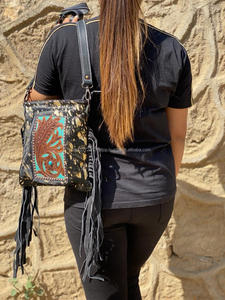 New Real Hair on Hand Tooled <b>Leather</b> Fringe Crossbody Bag Western Boho Turquoise Stone Purse Genuine <b>Leather</b> Handbag for Women's - Product Image 5