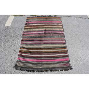 <b>Pink</b> Black Traditional Turkish Rug Handmade <b>Wool</b> Latex Backing Rectangle Patchwork Pattern for Living Bedroom (3.2 X 5.1 Ft) - Product Image 1