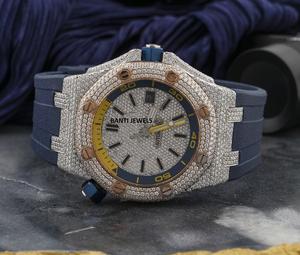 Reloj Cronógrafo de Lujo con Incrustaciones de Moissanita, Esfera y Correa Azules, Joyería Hip Hop Premium con Aspecto de Diamante VVS1 - Product Image 1