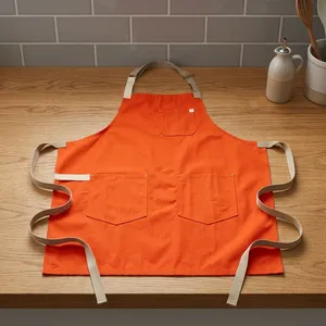 Tablier à bretelles orange sans manches avec 3 poches, 100 % toile de coton, écologique, lavable en machine, pour la cuisine et l'usage quotidien - Product Image 1