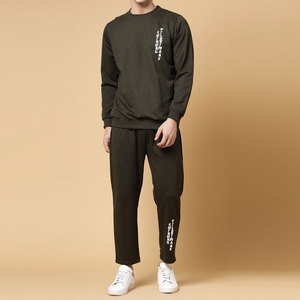 Ensemble de survêtement en coton noir pour homme, col rond, manches longues, taille élastique, coupe décontractée, imprimé lettres, idéal pour l'automne - Product Image 1