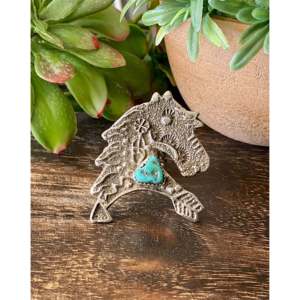 Delbert Arviso Kingman Turquoise Sterling <b>Silver</b> Tufa Cast Horse <b>Ring</b> Size 9.75 Bezel Setting Inlay Everyday Wear <b>Statement</b> <b>Ring</b> - Product Image 1