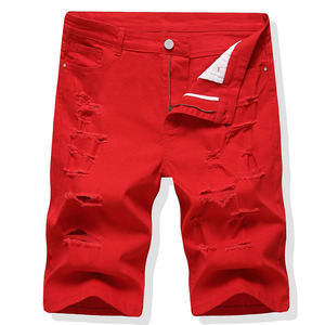 Shorts de Mezclilla para Hombre, Verano, Rotos, de Algodón, Color Puro, Hasta la Rodilla, Ajustados, Rectos, Elásticos - Product Image 2