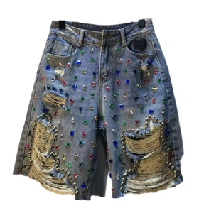 Shorts de Mezclilla Desgastados con Cuentas de Imitación de Diamantes, Bermuda, Jorts para Mujer, Ropa Urbana de Verano - Product Image 1