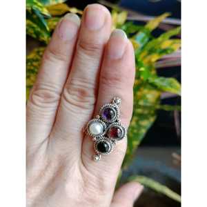 Women's Handmade <b>Statement</b> <b>Ring</b> in Sterling Silver with Garnet Amethyst Pearl Black Onyx Multi-Gemstone for Party - Product Image 3