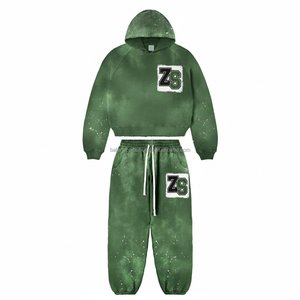 Premium 360 GSM Polaire Survêtement Vert Tie Dye À Capuche Ensemble Doux Mélange De Coton Personnalisé Chenille Logo Broderie - Product Image 1