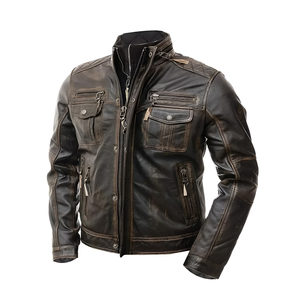 Chaqueta de Cuero Genuino de Oveja para Hombre, Estilo Café Racer, Personalizada, de Alta Calidad, Resistente al Viento e Impermeable, Gruesa, Vintage, Marrón Desgastado, para Invierno - Product Image 1