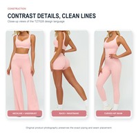 Ensemble de vêtements de yoga pour femmes personnalisé en bleu marine, vert sauge et rose, comprenant une brassière de sport, un débardeur, un short, un legging et un pantalon évasé, tenue de fitness coordonnée