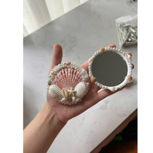 Portable hand <b>mirror</b> <b>with</b> seashell detail designed for vacation use beauty routines gift sets and purse organization - Product Image 2