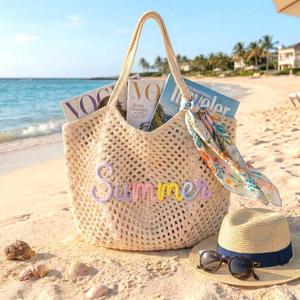 Bolso de playa de ganchillo con letras 3D coloridas, bolso de hombro de malla hueca de verano para viajes de chicas, bodas y salidas costeras diarias - Product Image 1