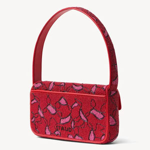 Sac à bandoulière de luxe rouge perlé, pochette de soirée à motif de perles roses, petite pochette baguette tendance pour femme pour les soirées - Product Image 1