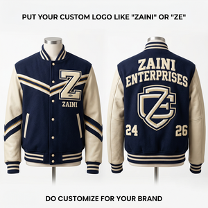 Chaqueta Varsity Premium de 420 GSM con mezcla de lana, mangas de cuero PU, color negro y crema, con parche de logotipo bordado en chenilla personalizado. - Product Image 3