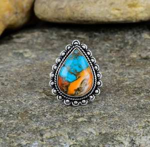 Anillo bohemio hecho a mano de turquesa, ostra espinosa, Plata de Ley 925, forma de pera, corte ovalado, ajuste de bisel Natural para fiestas, bodas - Product Image 3