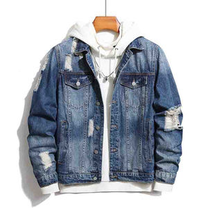 แจ็กเก็ตยีนส์ทรงหลวมของผู้ชายวินเทจแขนยาวคอตั้งสองชั้นสไตล์100% สำหรับฤดูใบไม้ผลิ - Product Image 1