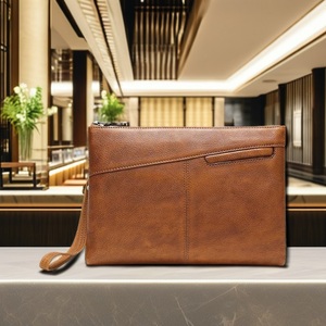 Cartera de mano de cuero genuino Vintage con logotipo personalizado de alta calidad para hombre, cierre de cremallera larga, forro de poliéster, patrón sólido OEM/ODM - Product Image 6