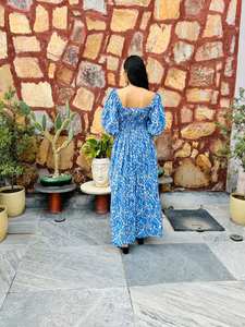 Robe longue d'été pour femme en pur coton, tissée, style bohème, imprimé floral, imprimé à la main, manches longues, style indien, logo au dos - Product Image 6