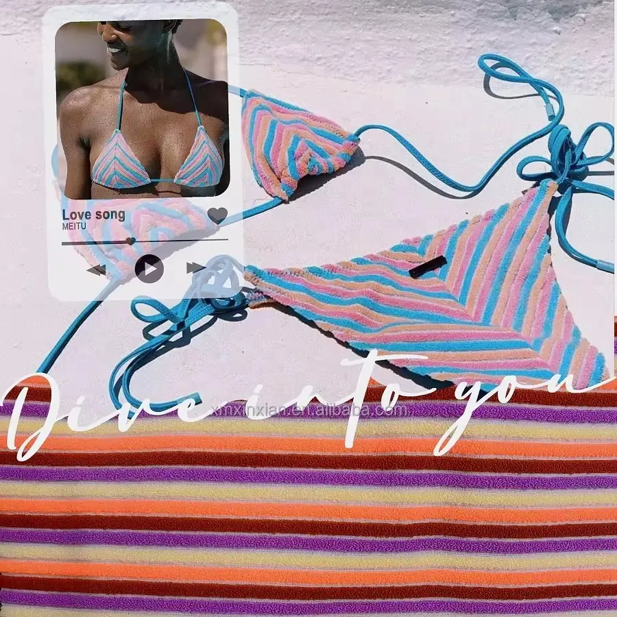XF117 nylon colorful yarn dyed stripe swimwear fabric rib terry toweling jacquard for swimsuit 4 way stretch bikini fabric