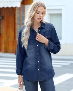 Veste en jean surdimensionnée légère pour femmes pour l'automne hiver à la mode longues poches de Style boutonné Vintage chemises en Jean formelles - Product Image 5
