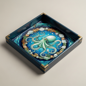 Plateau de service carré en bois Meena, artisanat indien, motif pieuvre océanique, fait main, biodégradable, décoratif, décoration d'intérieur haut de gamme, luxe - Product Image 1