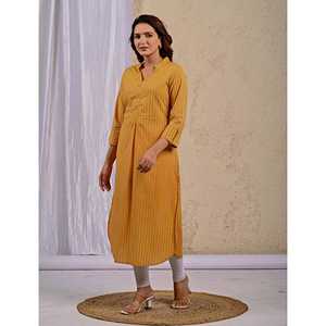 Kurti Casual con Rayas Amarillas Estampadas, Talla XS, Largo hasta la Rodilla, Decoración de Diamantes, Transpirable, Natural, para Mujer de Oficina, Estilo Chino - Product Image 5