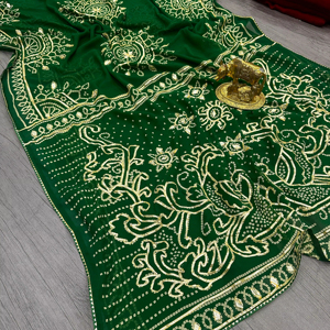 Presentamos el Sari de Georgette CxC Puro con un Lujoso Estampado Bandhani y un Moderno Trabajo Pesado de Estilo Bengalí - Product Image 1