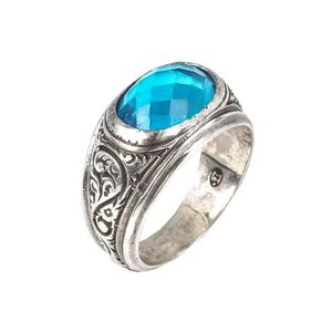 Bague pour homme en argent sterling 925 avec pierre d'aquamarine bleue ovale naturelle facettée, sertie en clos, idéale pour un cadeau - Product Image 1