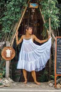 Nuevo verano vacaciones liso verano bohemio Maxi vestido 3/4 mangas blanco algodón señoras Vestidos para mujeres - Product Image 5