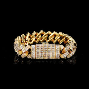 Pulsera de Plata de Ley con Diseño Elegante, Cadena de Eslabones, Diamante Cultivado en Laboratorio de Alta Calidad con Corte Baguette, Halo Chapado en Oro, Estilo Hip Hop para Fiestas - Product Image 4
