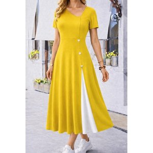 Women's Short-Sleeved Asymmetrical Neckline Button Detail Midi <b>Viscose</b> <b>Dress</b>, 37190 - Yellow - Product Image 1