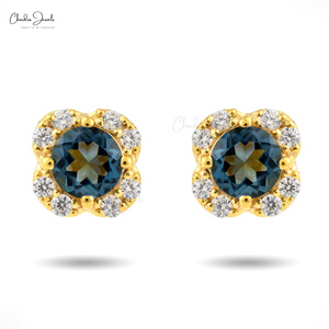 Fancy Design 925 Sterling Silver 5mm London Blue Topaz with Zircon Gemstone Halo Studs Push <b>Back</b> <b>Earrings</b> at Discounted Price - Product Image 1