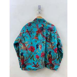 Chaqueta de Terciopelo Estampada Turquoise Garden, Reversible, con Estampado Botánico de Aves, Estilo Universitario, para Primavera y Otoño - Product Image 4