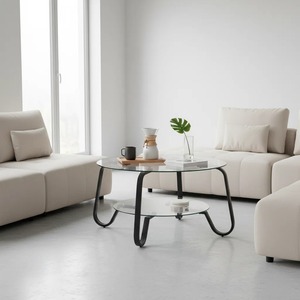 Table basse double étagère de style industriel moderne, écologique, avec plateau en verre trempé et structure en fer noir, pour salon - Product Image 1