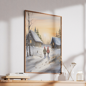 Cabane et marcheurs coucher de soleil d'hiver Décoration moderne en toile de qualité supérieure avec cadre en bois - Product Image 5