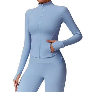 A-Fitness cuello delgado diseño a prueba de viento manga larga Top chaqueta de Yoga de secado rápido para mujer Otoño Invierno deportes correr liso teñido - Product Image 2