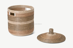 Handcrafted Eco-Friendly Seagrass Detachable Storage <b>Basket</b> Cutout Lid Handles Brown White <b>Wicker</b> Hanoi Home <b>Laundry</b> - Product Image 2