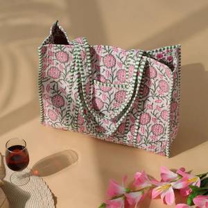 กระเป๋าผ้าควิลท์ผ้าฝ้ายพิมพ์ลายดอกไม้กระเป๋าผ้าแคนวาสซับในมีซิปปิดของผู้หญิงวินเทจสำหรับเดินทางในฤดูร้อนชายหาดน้ำหนักเบา - Product Image 4