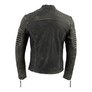 Chaqueta de cuero para motocicleta con triple costura de cuero gris desgastado sin cinturón clásico personalizado para hombre - Product Image 2