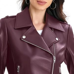 Vestes en cuir véritable noir pour femmes Vente en gros de haute qualité Bordeaux Veste de motard élégante OEM Logo personnalisé Couleurs Fermeture à glissière - Product Image 3